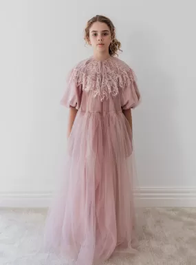 1232B-CUSTOM Lace Collar Tulle Midi Dress-Mauve