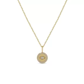 14k Evil Eye with Diamond Border Disc Pendant Necklace