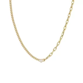 14k Floating Diamond Mixed Small Curb Chain & Medium Square Oval Chain Necklace