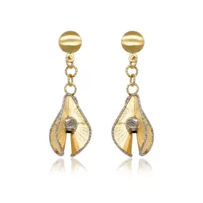 14K Gold Dangling 3D Teardrop Diamond Cut Earrings