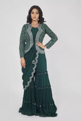 90Z888-RO Bottle Green Georgette Saree With Jacket