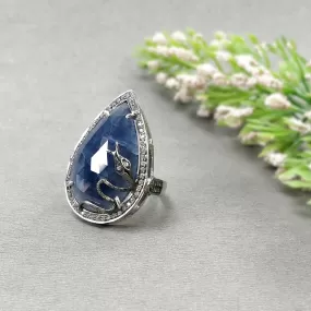 925 Sterling Silver RING : Natural Blue SAPPHIRE Gemstone With CZ Round Rose Cut Bezel Set Fine Victorian Statement Ring 7.25US