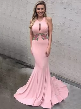 Backless Sexy Applique Halter Mermaid Long Prom Dresses