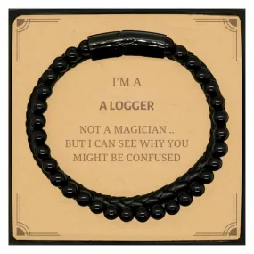 Badass Logger Gifts, I'm Logger not a magician, Sarcastic Stone Leather Bracelets for Logger Birthday Christmas for  Men, Women, Friends, Coworkers