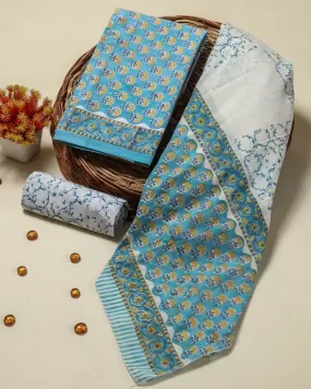 Blue Buti Print Cotton Suit Set with Mulmul Dupatta (COT50)