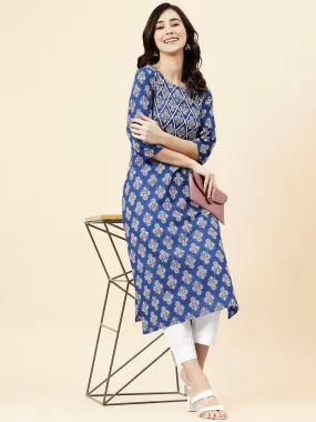 Blue Cotton Floral Print Straight Kurta