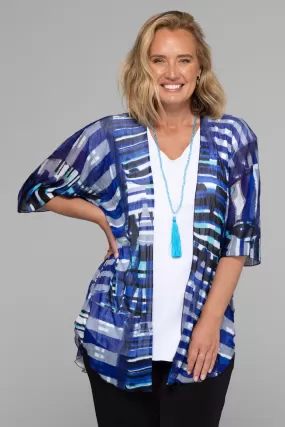 Blue Stripe Print Net Knit Short Sleeve Kimono