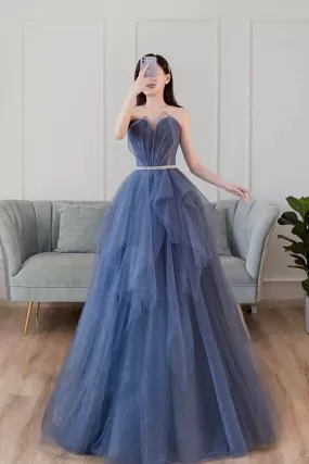 Blue sweetheart neck tulle long prom dress blue tulle formal dress