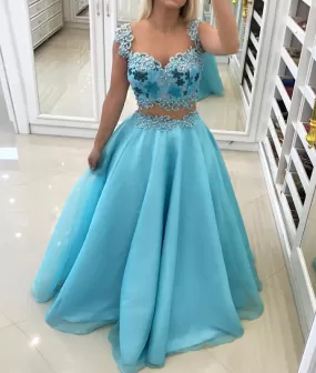 Blue sweetheart two pieces long prom dress, blue evening dress