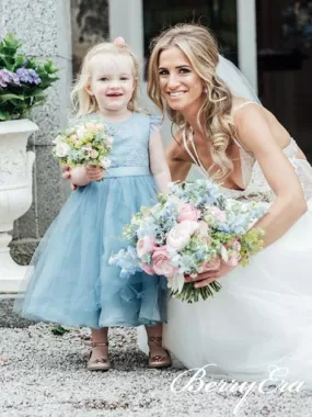 Cap Sleeves Blue Tulle Lace Flower Girl Dresses