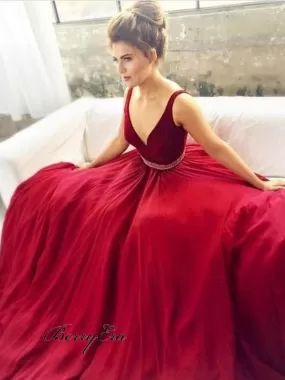 Deep V-neck Long A-line Red Prom Evening Dresses