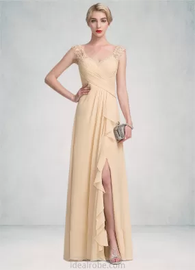 Ellie A-Line V-neck Floor-Length Chiffon Lace Mother of the Bride Dress With Split Front Cascading Ruffles STK126P0014619