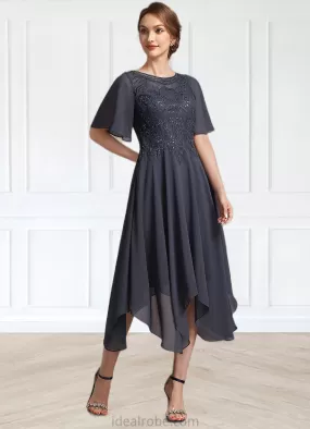 Lena A-Line Scoop Neck Tea-Length Chiffon Lace Mother of the Bride Dress With Sequins STK126P0014830