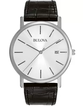 Mens Essential Strap Watch by Bulova - Silver/White Dial - Black Leather - Date