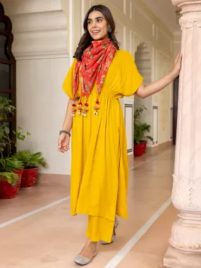 Mustard Rayon Solid Kurta with Palazzo and Scarf