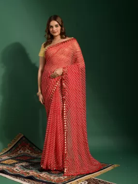 Odette Women Red Chiffon Designer Saree With Unstitched Blouse