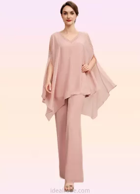 Sibyl Jumpsuit/Pantsuit V-neck Floor-Length Chiffon Mother of the Bride Dress With Beading STK126P0014560